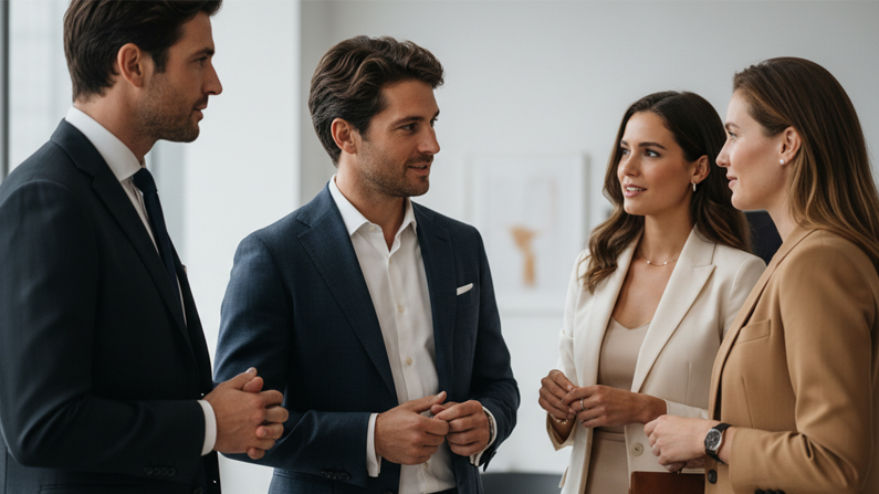 foto de homens e mulheres elegantes em um ambiente coorporativo